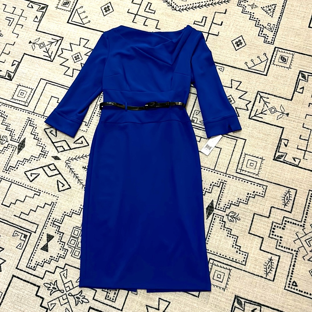 Donna Morgan Belted Midi Sheath Asymmetrical Neck NWT 6
